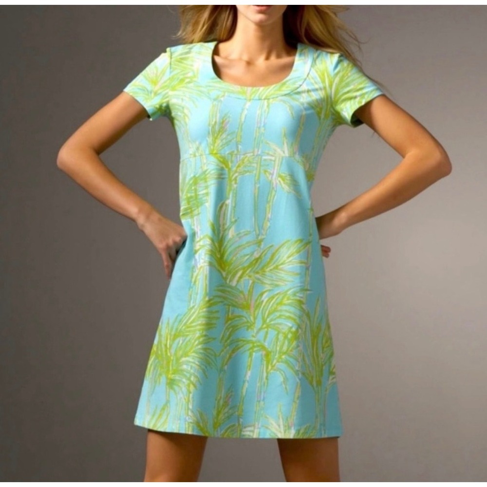 Lilly Pulitzer Kelsea Blue Green Bamboo Palm Print Knit Dress 73036 Large